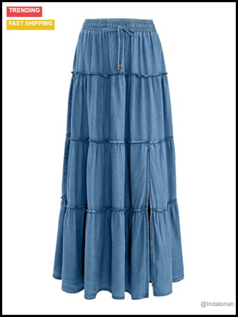 Women's Denim Tiered Maxi Skirt, High Waisted Flowy Ruffle Long Skirt for
